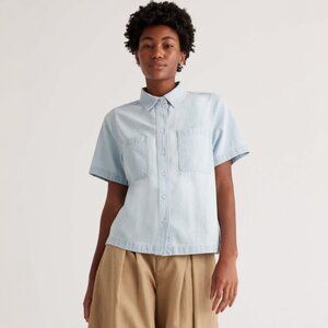 Quince Distressed Denim Short Sleeve Shirt Women S Light Chambray Boxy Button Up